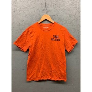 True Religion Men's T-Shirt Medium Orange Graphic Buddha 2002 Crew Neck Cotton‎